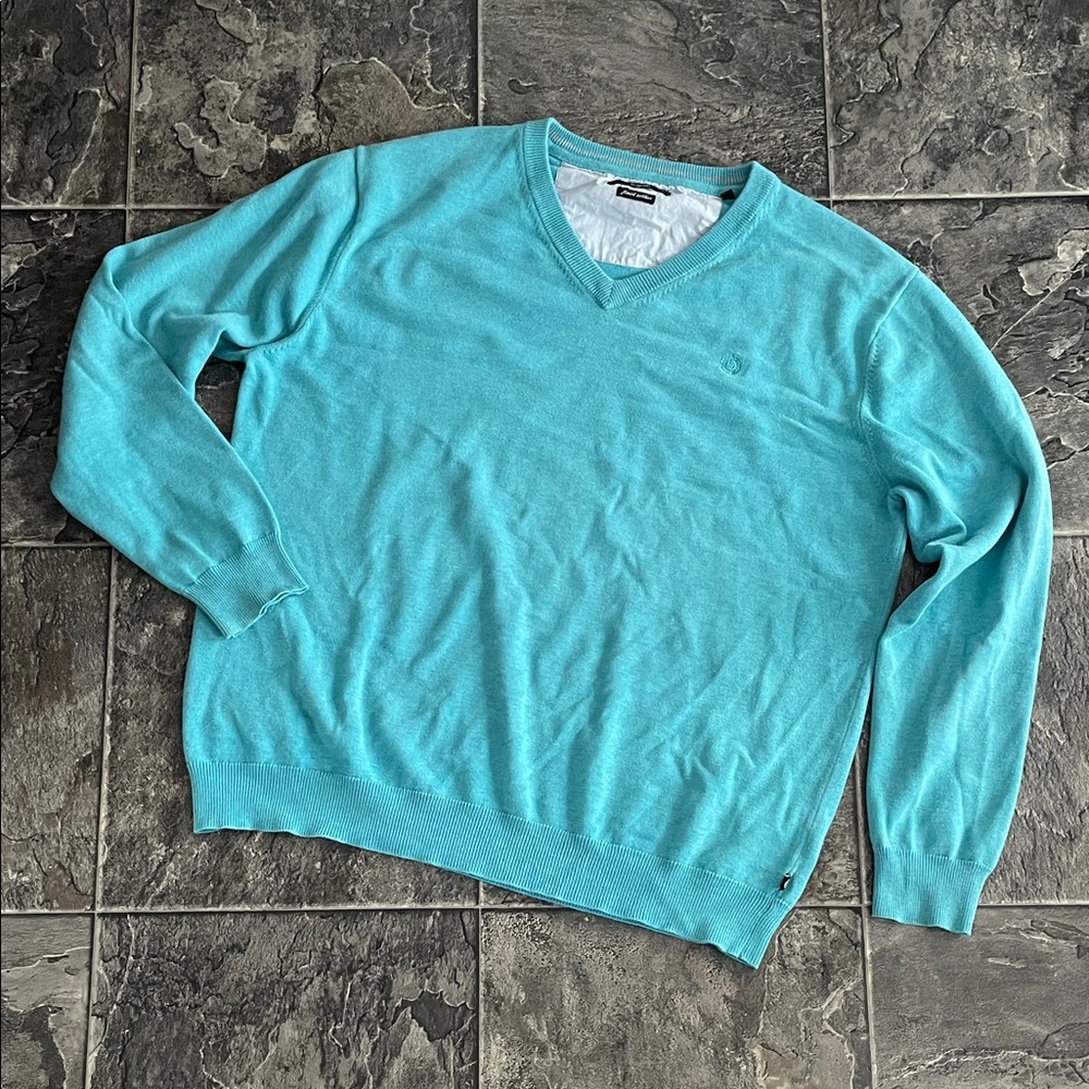BUGATTI Men’s Cotton V-Neck Sweater Aqua Blue Preppy Coastal Casual Cottagecore